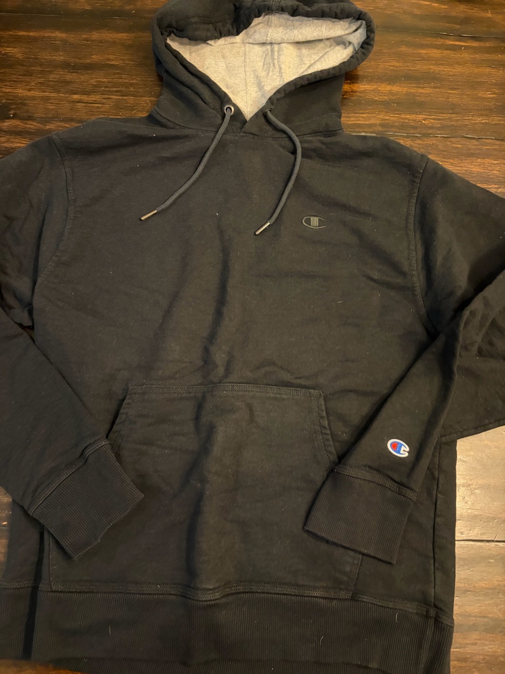 Champion Black Pullover Hoodie with Gray Lined Hood size medium